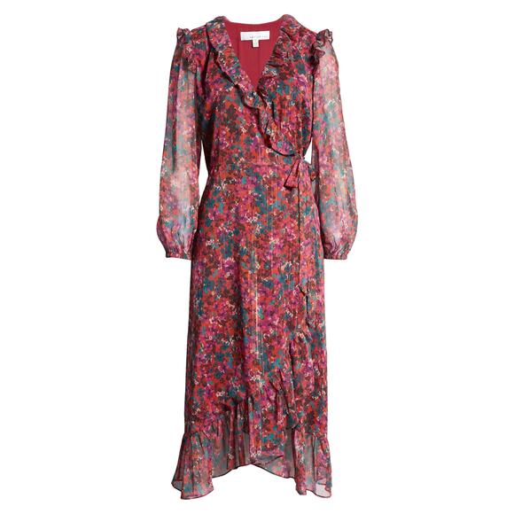 Adelyn Rae CARLEIGH FLORAL CHIFFON LONG SLEEVE WRAP DRESS IN MAGENTA BLOOM S - Picture 9 of 9